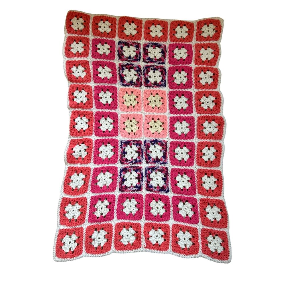 Roseanne Afghan Crocheted Granny Square Blanket Pink White Purple Baby